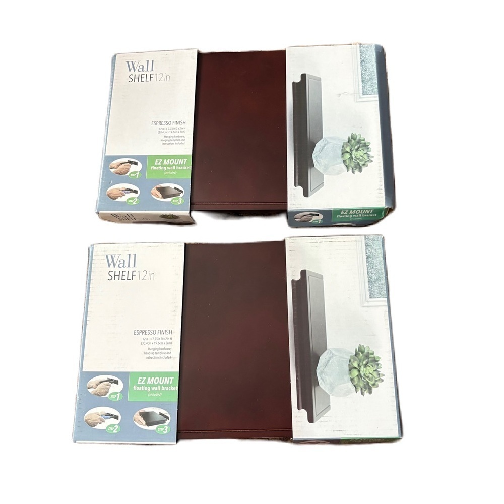 Espresso Wall Shelf Bundle Lot of 2 NEW Brown 12” Floating EZ Mount Decor